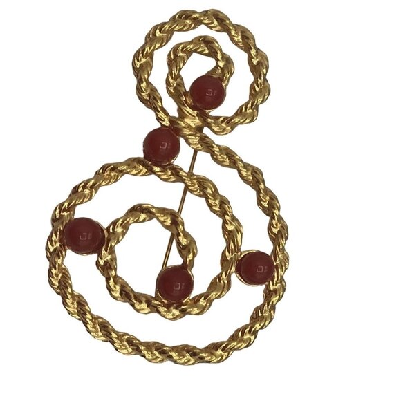 Avon Gold Tone Carnelian-Color Lucite Round Cab Rope Swirl Brooch, Signed M48 - Picture 1 of 6